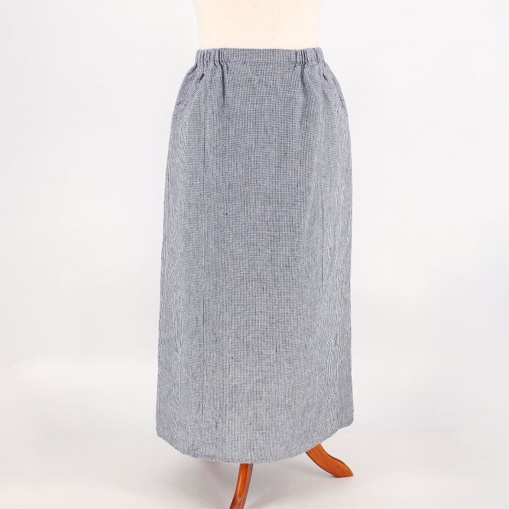FLAX 2 Piece 100% Linen Navy Gingham Button Up Top (M) & Pull-On Maxi Skirt (L) - Picture 4 of 8